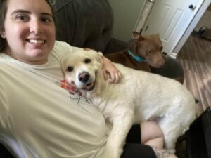 A woman sitting on the couch with two dogs.